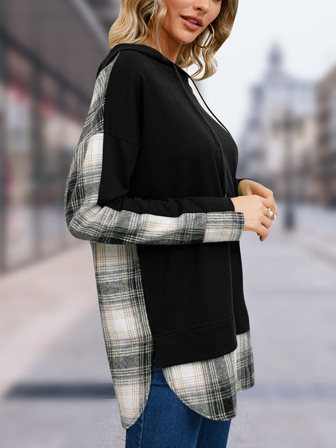 'Lireal' Split Colour Plaid Long Sleeve Hoodie - Celes Fashion